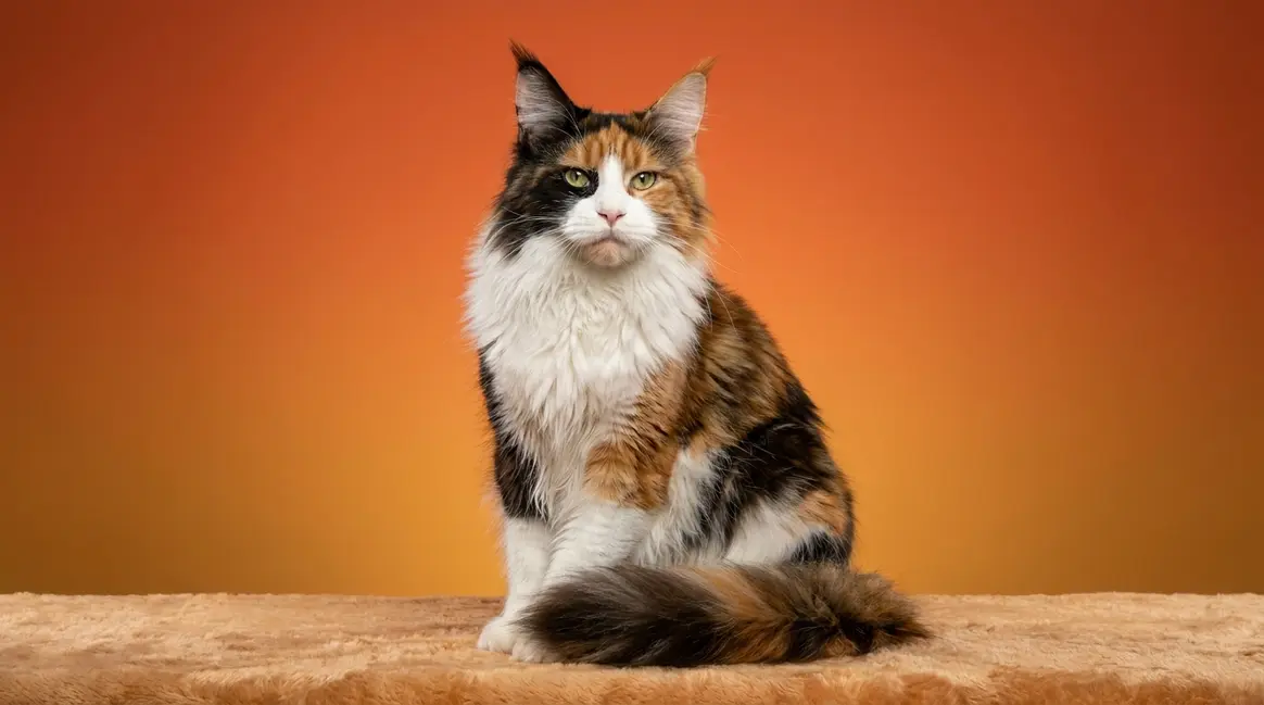 Calico Maine Coon cat with tricolor coat, tufted ears, and flowing mane ruff