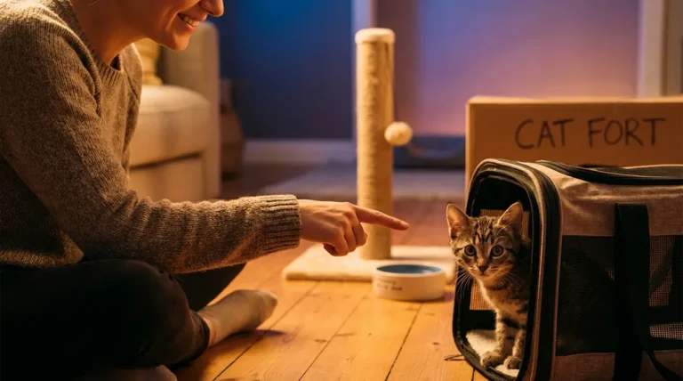First-time cat owner offering a finger to a curious tabby cat emerging from a carrier