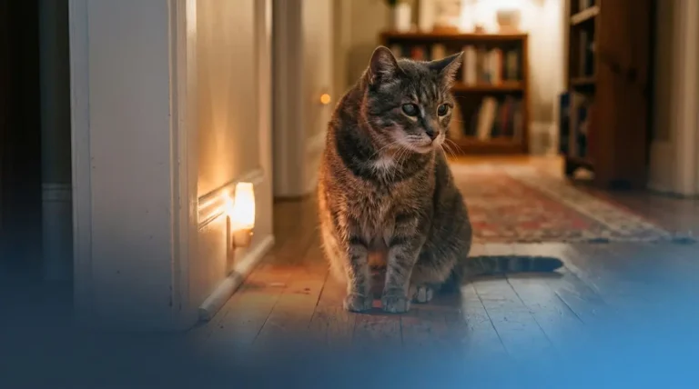 Senior cat showing cat dementia signs with a distant confused gaze in a dimly lit hallway