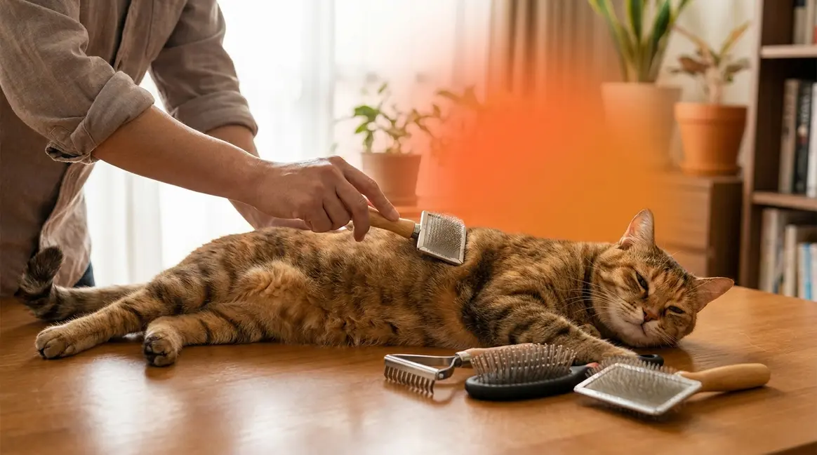 Person brushing a relaxed tabby cat at home with multiple grooming brushes nearby