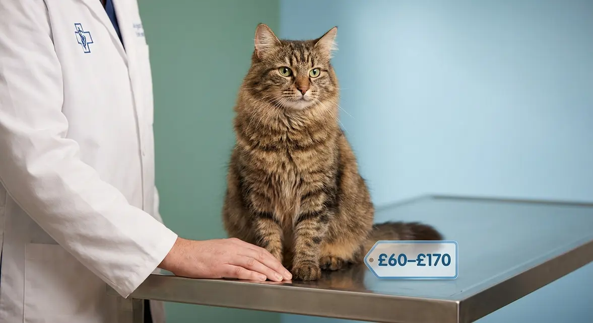 Cat neutering cost UK guide showing a tabby cat at a veterinary clinic with price indicator