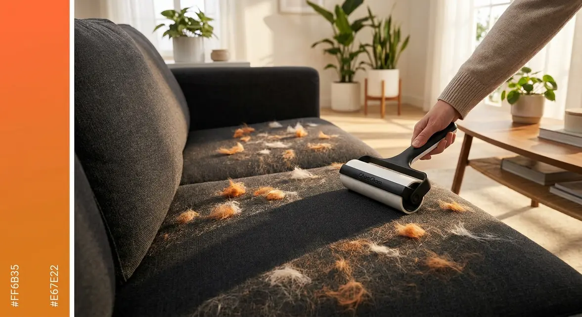 ChomChom roller review — removing pet hair from a dark fabric couch cushion