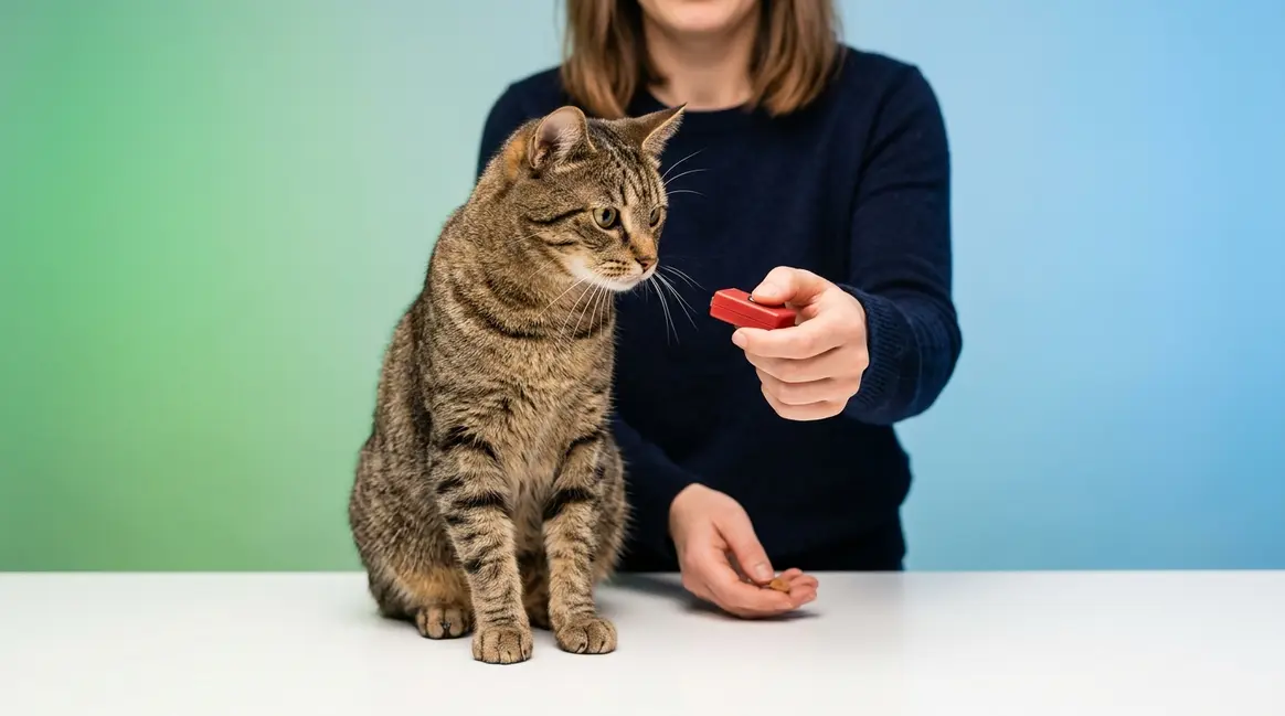 Person using clicker training for cats with tabby cat sitting attentively for treat reward