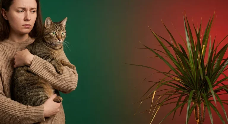 Dracaena toxic to cats — cat owner holding tabby near dracaena marginata plant