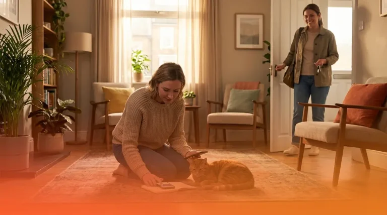 Woman learning how to find a cat sitter by meeting a sitter with her tabby cat at home