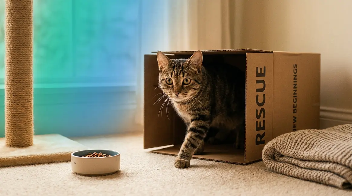 Rescue cat cautiously emerging from hiding box in a calm safe room setup at home