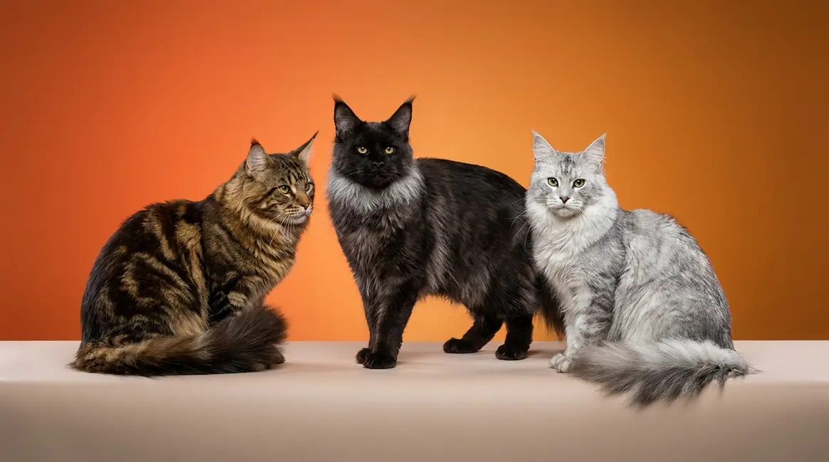 Maine Coon colours featured — brown tabby, black smoke, and silver shaded cats side by side