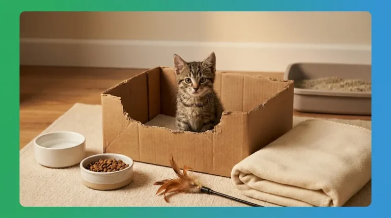 New kitten checklist essentials including food bowl, bed, toy, and litter box arranged around a tabby kitten
