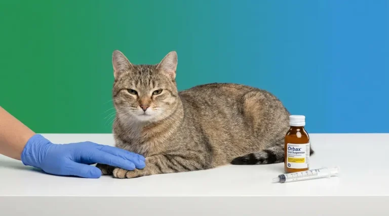 Orbax for cats side effects guide showing cat with prescription bottle and oral syringe