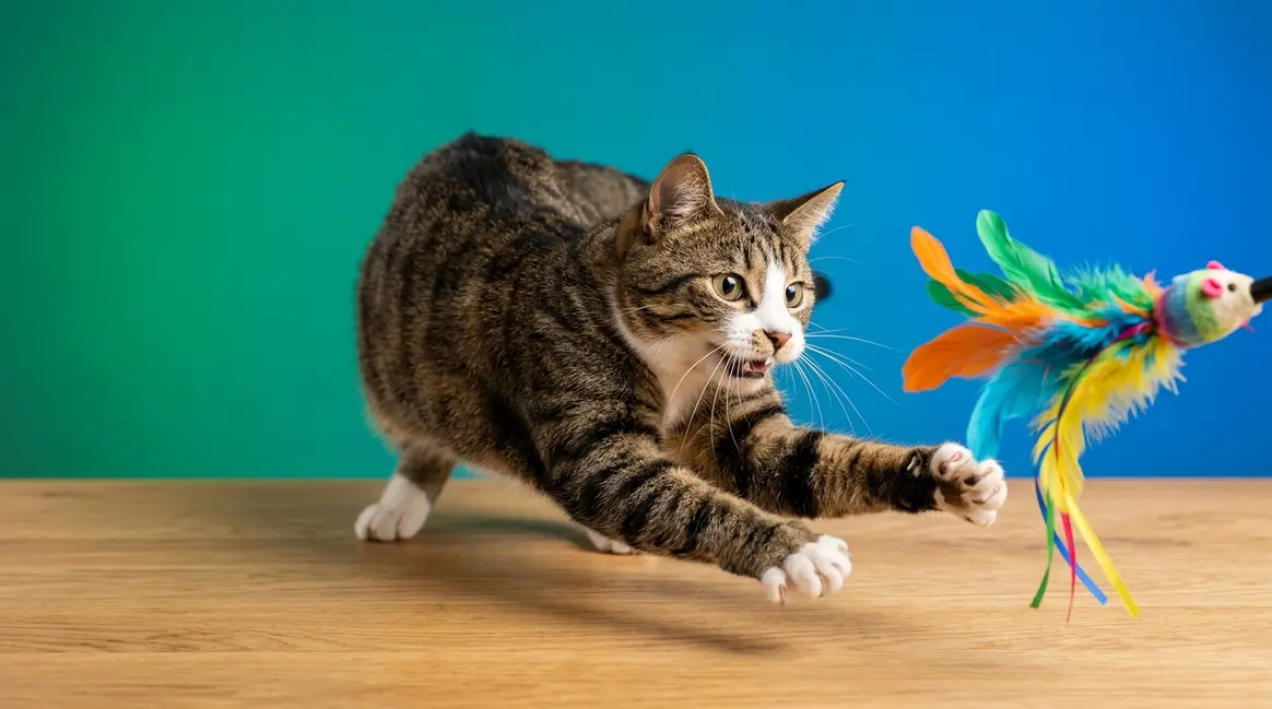 Tabby cat biting a wand toy instead of a person's hand during play