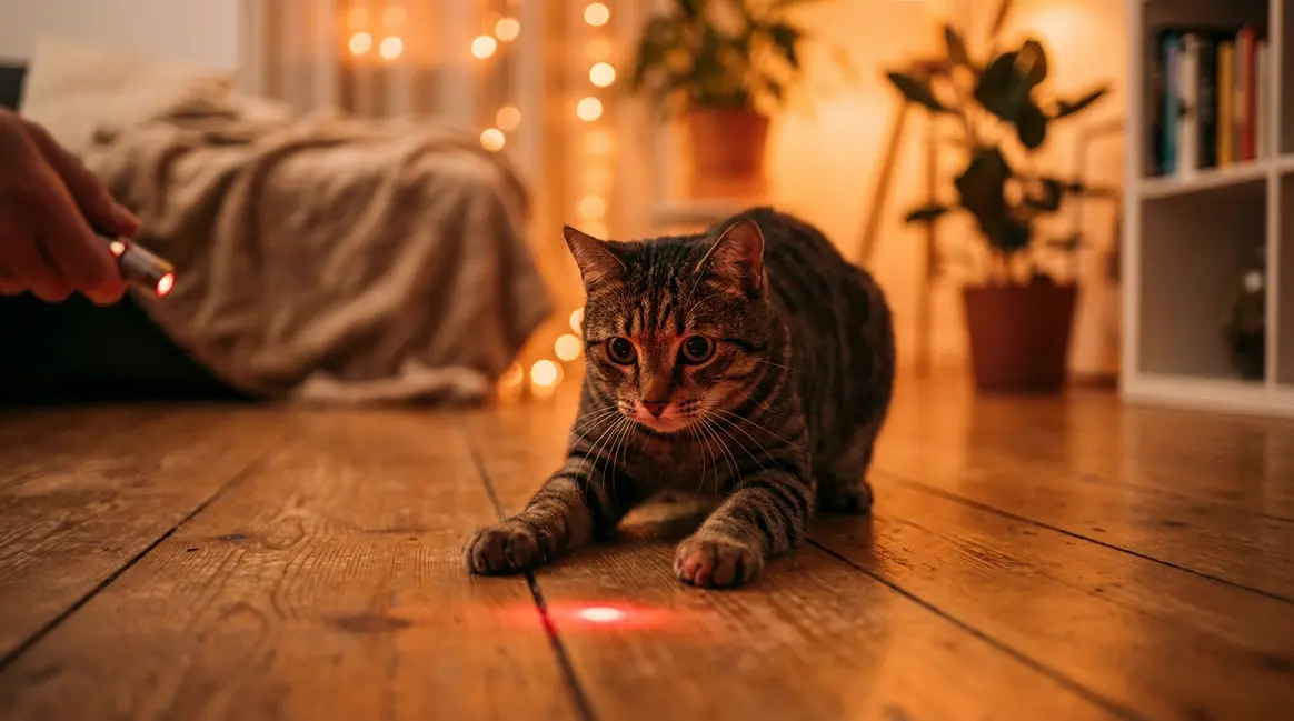 Tabby cat chasing a red laser dot during an indoor play session with a cat laser pointer