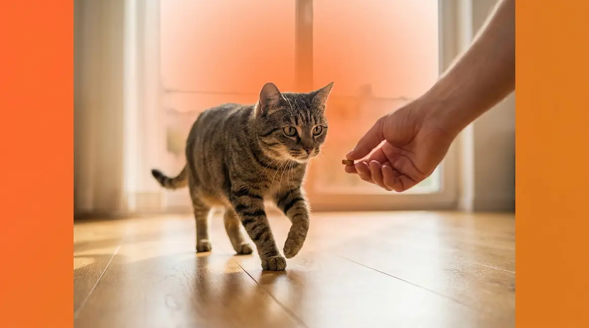Cat trotting toward owner's hand to learn how to train a cat to come when called