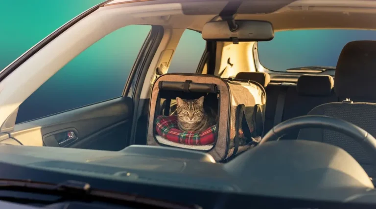 Cat sitting calmly in a secured carrier while travelling in a car in the UK